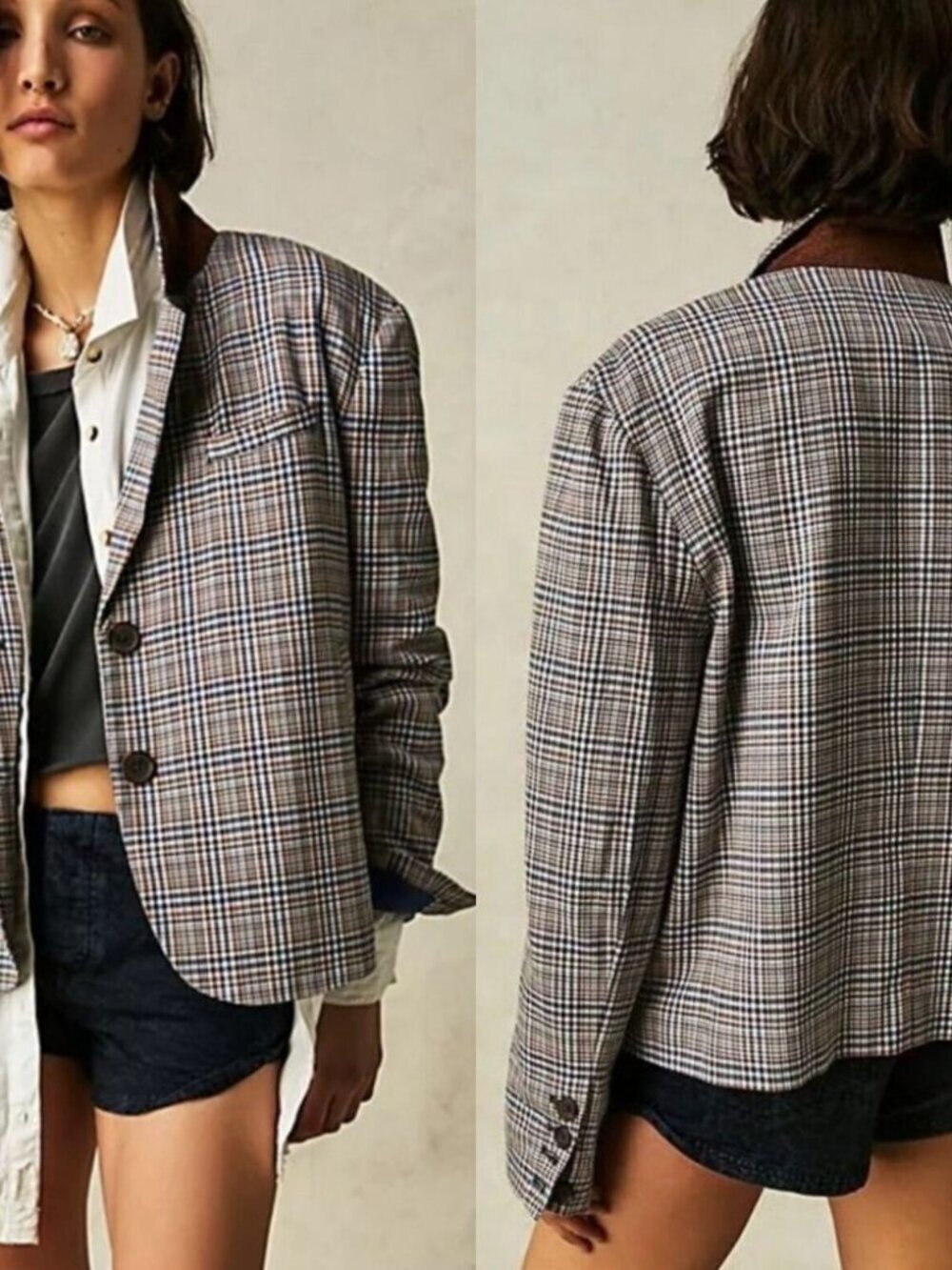 We The Free Cali Blue Combo Plaid Boxy Oversized Blazer Size XL